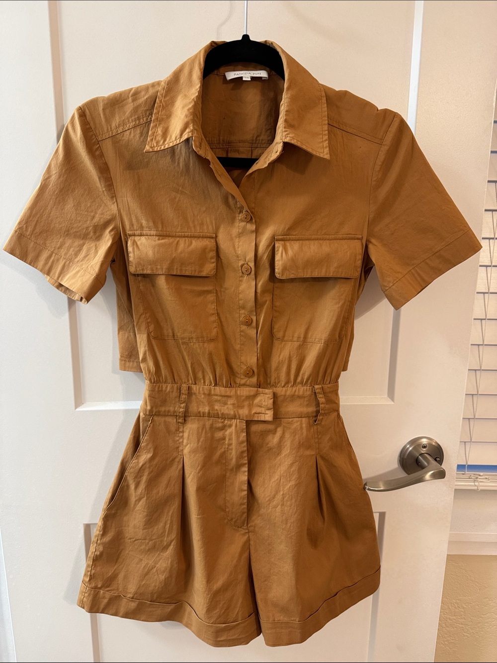 Patrizia Pepe Short-Sleeve Utility Romper in Camel Brown Camp Safari Vacation